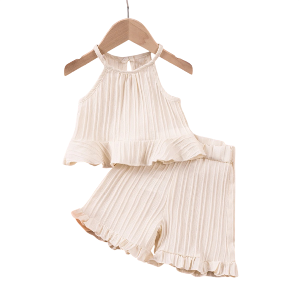Ensemble d'été pour fille débardeur à fines bretelles et shorts froncés Col rond Ensemble léger et confortable pour filles beige 6