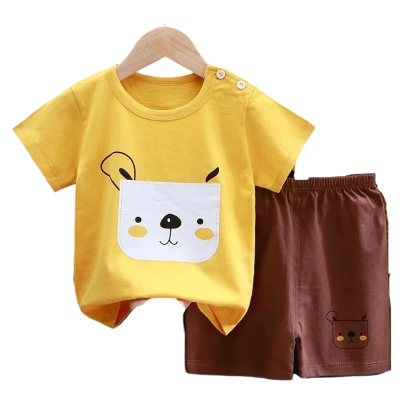 Ensemble d'été unisexe pour enfants T-shirt en coton à manches courtes T-shirt jaune avec impression Short marron Tenue confortable pour enfants 12-18 mois