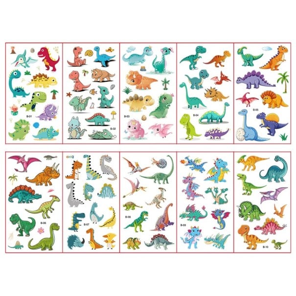 Ensemble de 10 feuilles de tatouages temporaires 12 x 7 cm avec des dinosaures autocollants de tatouage colorés pour enfants avec des motifs 1