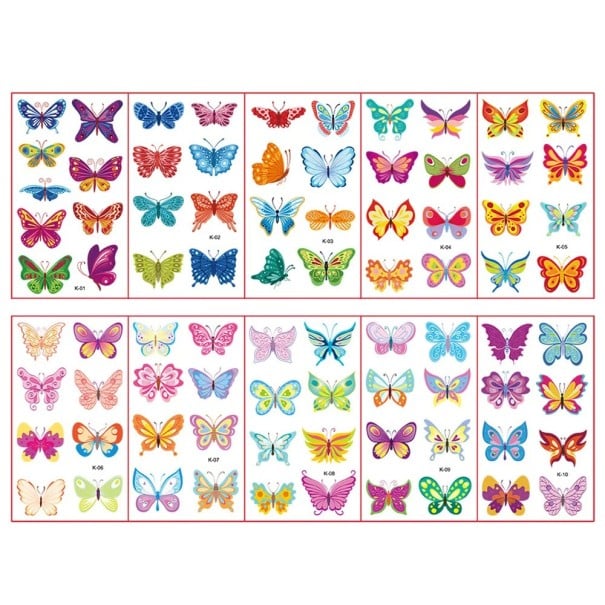 Ensemble de 10 feuilles de tatouages temporaires 12 x 7 cm avec des papillons colorés, autocollants de tatouage pour enfants sur la peau 1