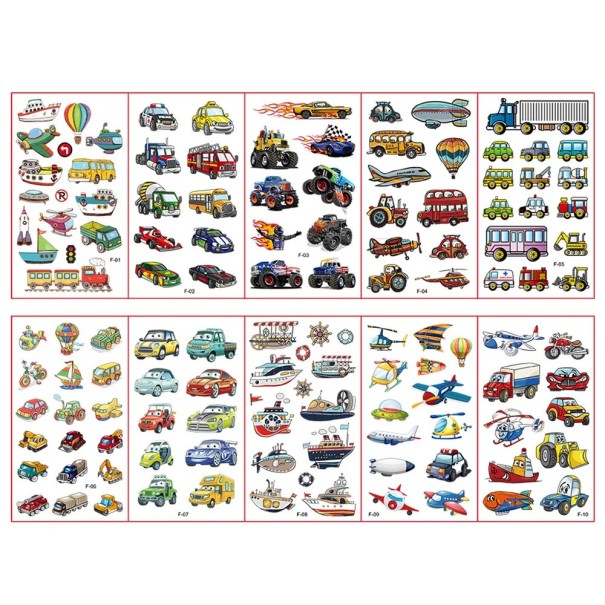 Ensemble de 10 feuilles de tatouages temporaires 12 x 7 cm moyens de transport voitures bateaux avions autocollants de tatouage pour enfants sur la peau 1