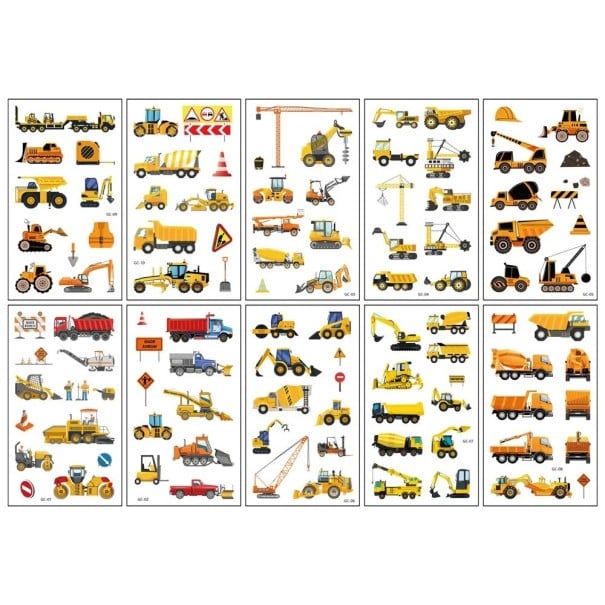 Ensemble de 10 feuilles de tatouages temporaires avec des engins de construction, des pelleteuses, des grues, des camions et des panneaux 1