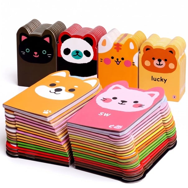 Ensemble de 10 petits cahiers fins et compacts 120 x 85 mm avec des pages lignées et des illustrations dessinées sur les couvertures avec un bord supérieur en forme 1