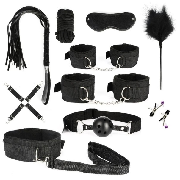 Ensemble de 10 pièces d'accessoires BDSM pour bondage et jeux intimes excitants, y compris menottes, bâillon, fouet et collier. Emballage discret noir