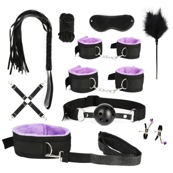 Ensemble de 10 pièces d'accessoires BDSM pour bondage et jeux intimes excitants, y compris menottes, bâillon, fouet et collier. Emballage discret violet