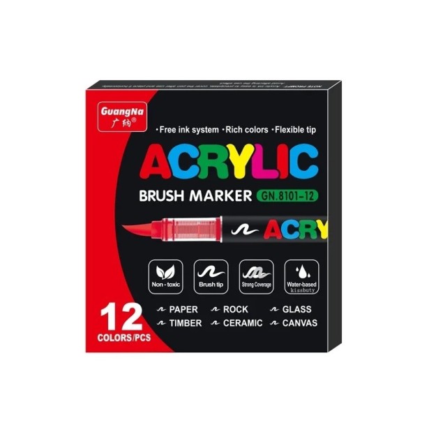 Ensemble de 12 marqueurs acryliques colorés Stylos de peinture étanches avec pointe en pinceau pour papier, bois, plastique, pierre, verre, métal 1