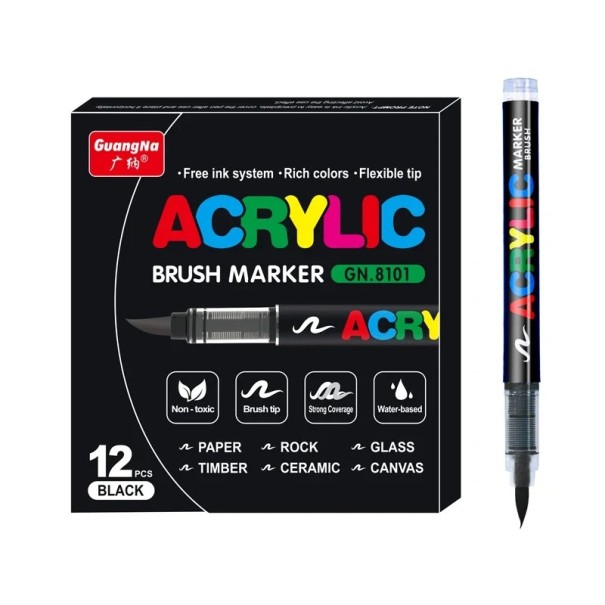 Ensemble de 12 marqueurs acryliques noirs Marqueurs de peinture imperméables avec pointe en pinceau pour dessiner sur verre, pierre, plastique, bois 1