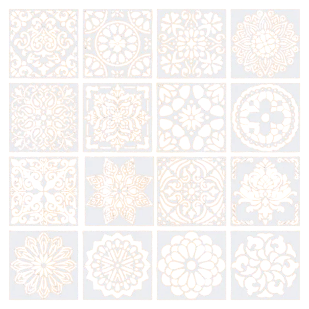 Ensemble de 16 pièces de pochoirs en plastique mandala 15x15 cm PET pochoirs réutilisables pour peinture murale, de sol, de meubles, décoration 1