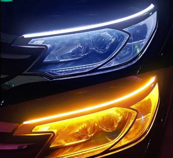 Ensemble de 2 pièces de feux diurnes LED pour voiture 60 x 1,1 x 0,3 cm Bande lumineuse flexible DRL avec clignotant Effet de flux 12 V blanc