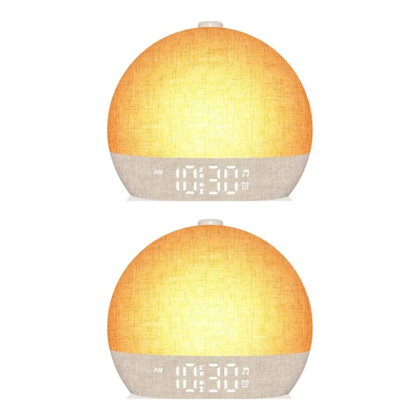 Ensemble de 2 réveils lumineux avec simulation de lever et coucher de soleil 30 sons et bruit blanc 12 couleurs RGB Abat-jour en lin USB-C 1