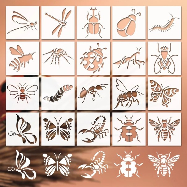 Ensemble de 20 pcs de pochoirs en plastique insectes 7,5x7,5 cm pochoirs réutilisables pour peinture décoration murale mobilier DIY motifs 1