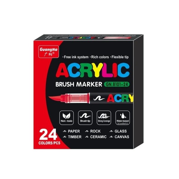 Ensemble de 24 marqueurs acryliques colorés Stylos de peinture imperméables avec pointe pinceau pour verre papier bois plastique métal pierre création 1