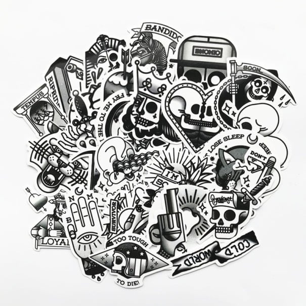 Ensemble de 29 autocollants en PVC noir et blanc pour décorer des objets Motifs dans le style du tatouage classique Découpés selon le contour Taille 1