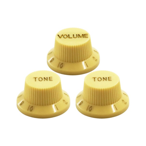 Ensemble de 3 boutons en plastique pour guitare Contrôle du volume et du ton 18 cannelures Pièces de rechange universelles avec ajustement jaune