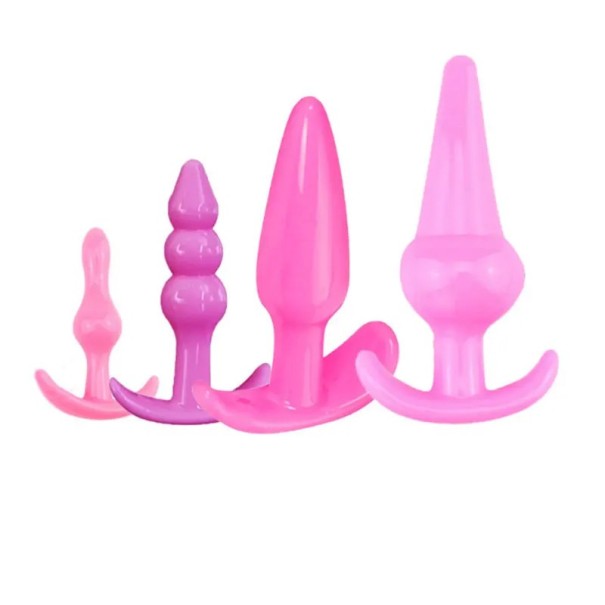 Ensemble de 4 plugs anaux en silicone de différentes formes surface lisse design ergonomique entretien facile dans un emballage discret rose