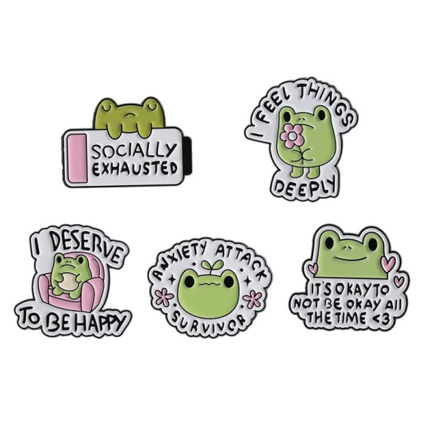 Ensemble de 5 épingles émaillées grenouille avec inscriptions motif dessiné broches métalliques colorées badges pour revers sac à dos vêtement accessoire 1