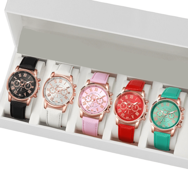 Ensemble de 5 pièces de montres pour femmes avec bracelet en cuir Montres élégantes de différentes couleurs Accessoires stylés pour femmes Cadeau 1
