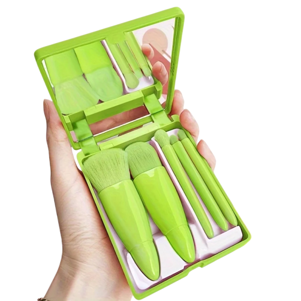 Ensemble de 5 pinceaux de maquillage de voyage pliables 11 x 8,6 cm Ensemble portable avec miroir Étui en plastique Mini pinceaux en fibre de laine vert