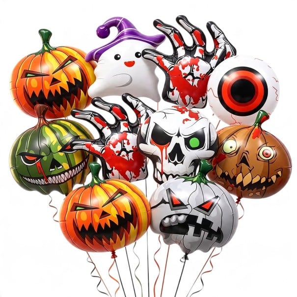 Ensemble de ballons gonflables Halloween 10 pcs Ballons en aluminium Citrouille Crâne Oeil Mains de squelette et fantôme Décoration et embellissement 1