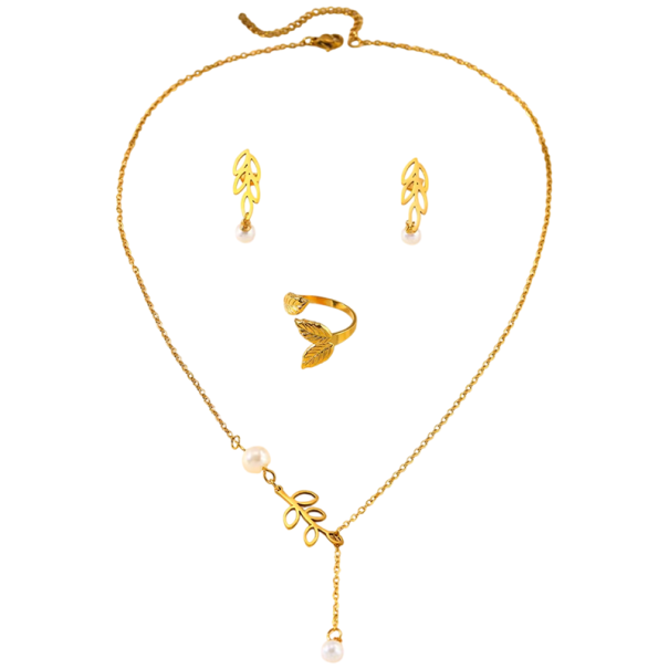 Ensemble de bijoux design botanique en acier inoxydable 316L Collier 45+5 cm Boucles d'oreilles 3,3 cm Bague ajustable Motif perle et feuille pour femmes doré