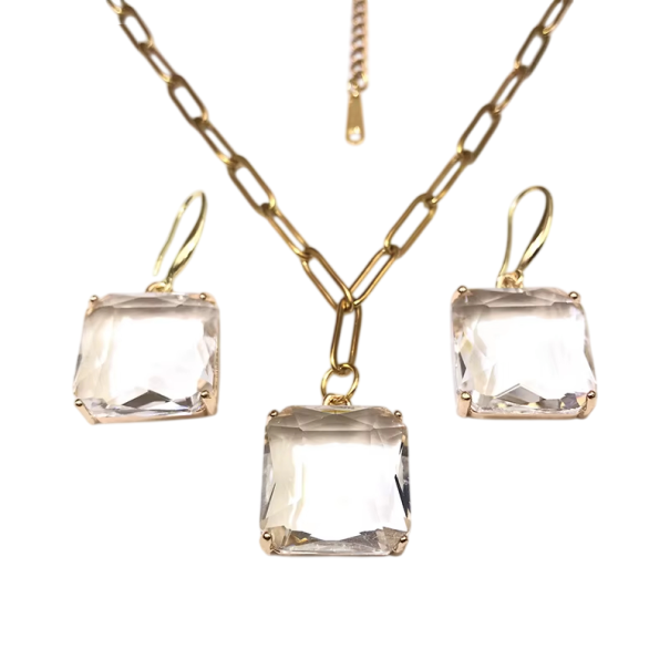 Ensemble de bijoux en verre collier et boucles d'oreilles 48+5 cm Pendentif carré coloré en verre transparent en acier inoxydable Accessoire blanc