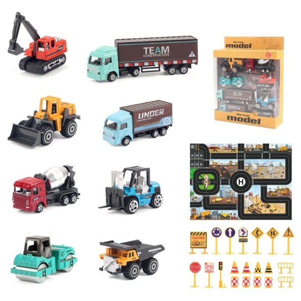 Ensemble de camions en métal avec tapis de jeu et panneaux de signalisation Jouet pour enfants et collectionneurs 1