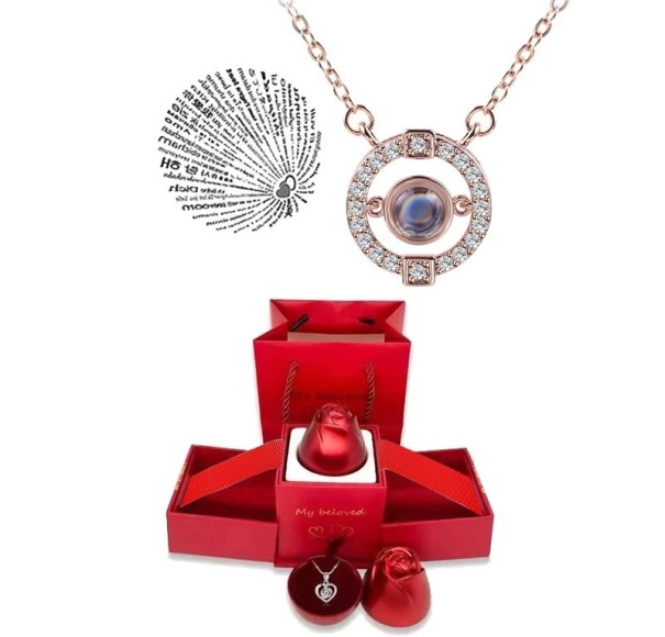 Ensemble de collier projecteur avec des pierres précieuses Chaîne en titane Projection Je t'aime en 100 langues Boîte cadeau en forme Rose gold
