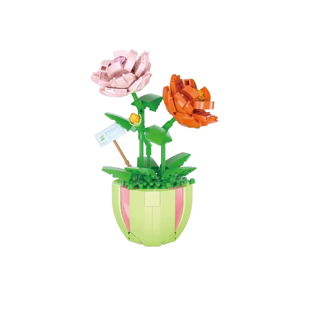 Ensemble de construction fleur rose et orange dans un pot rond 8,5×8,5 modèle décoratif pour exposition feuilles en plastique détaillées 330 pcs 1