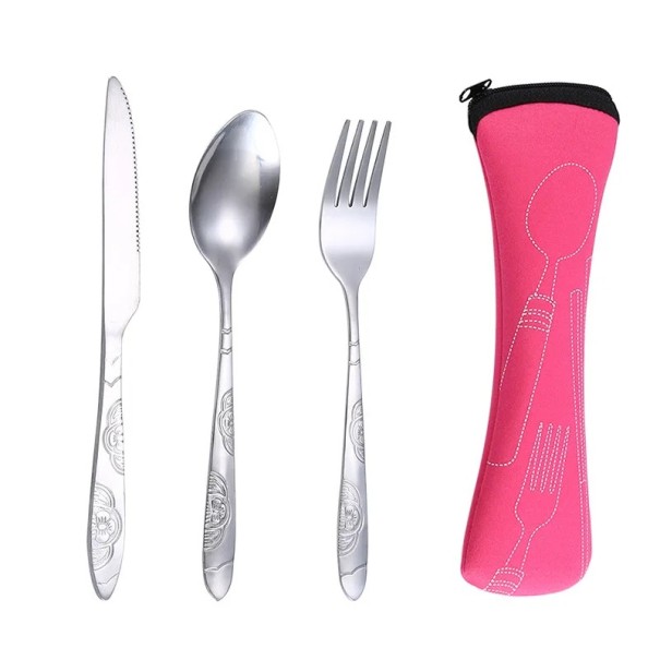 Ensemble de couverts de voyage avec étui Cuillère en inox Fourchette Couteau Étui de couverts portable avec zip Ustensiles de pique-nique rose
