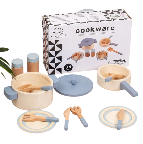 Ensemble de cuisine en bois pour enfants Jouet bleu avec ensemble de poêles, casseroles et couverts Jouet éducatif Montessori pour cuisiner et jouer 1