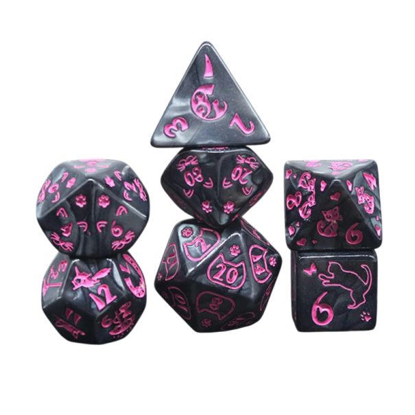 Ensemble de dés polyédriques 7 pcs Dés noirs avec motif de chats roses RPG Donjons et Dragons jeux de société et de société 1