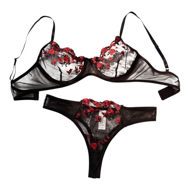 Ensemble de lingerie en dentelle pour femmes avec broderie florale, soutien-gorge semi-transparent avec armatures et culottes à côtés en résille noir S