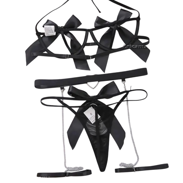 Ensemble de lingerie pour femmes avec nœuds décoratifs et bandes soutien-gorge culotte polyester spandex pour un usage quotidien noir S