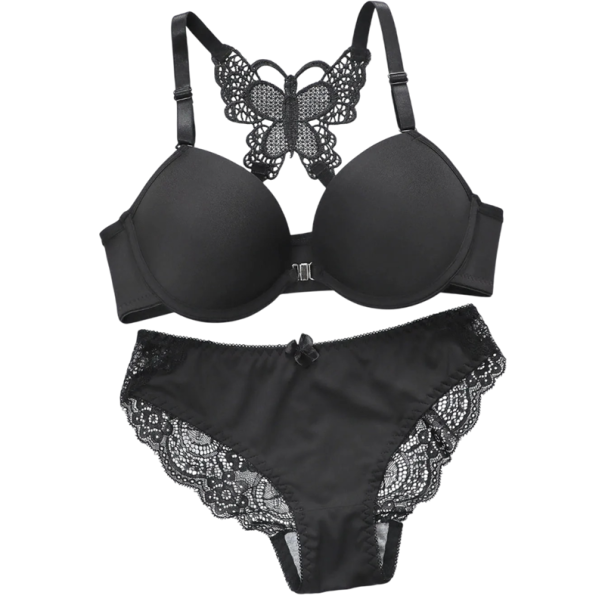 Ensemble de lingerie pour femmes en dentelle avec un dos décoratif en forme de papillon, soutien-gorge et culottes en polyester noir M