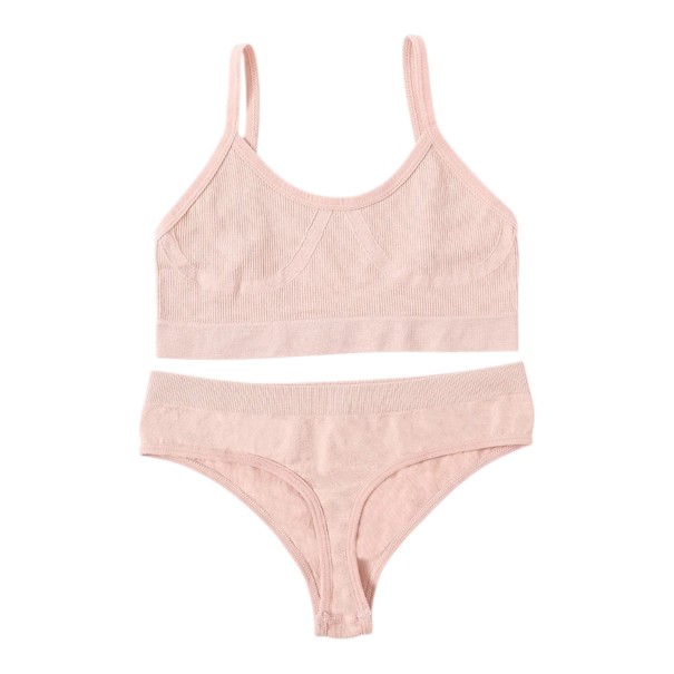 Ensemble de lingerie pour femmes en maille côtelée avec bralette sans armatures et string à taille haute rose clair M