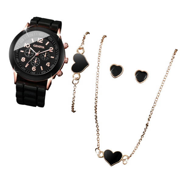 Ensemble de montres avec bracelet en silicone Collier boucles d'oreilles bracelet cœur Bijoux élégants Cadeau pour femmes Ensemble de bijoux noir