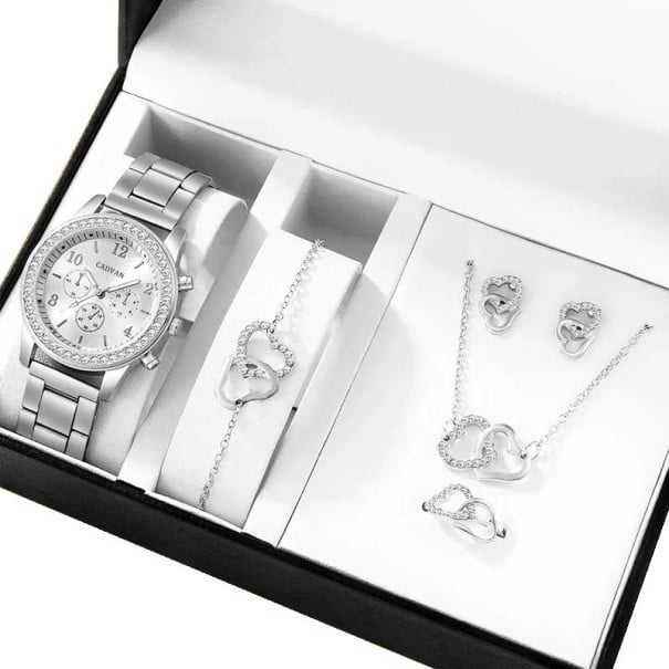 Ensemble de montres et bijoux pour femmes Alliage Collier bracelet boucles d'oreilles bague Cœurs entrelacés Accessoires élégants Cadeau argenté