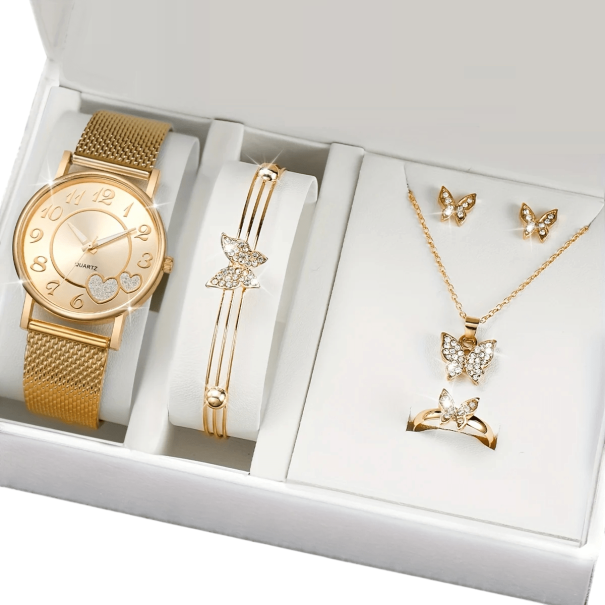 Ensemble de montres et bijoux pour femmes en alliage doré Collier bracelet boucles d'oreilles bague Papillon Accessoires élégants Cadeau de luxe 1