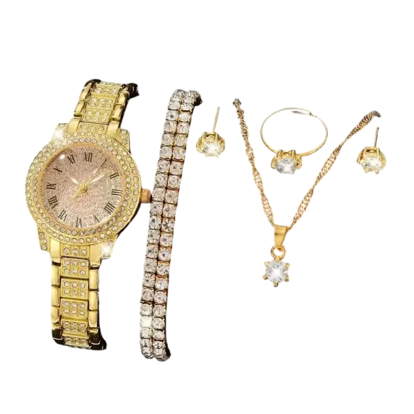 Ensemble de montres et de bijoux pour femmes en alliage Collier en cristal bracelet boucles d'oreilles bague Accessoires élégants Cadeau doré