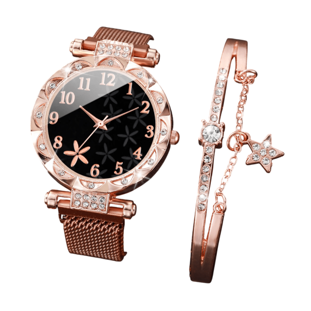 Ensemble de montres pour femmes en alliage couleur or rose et bracelet avec étoile Accessoire élégant Ensemble à la mode Bijou stylé Cadeau pour femmes 1