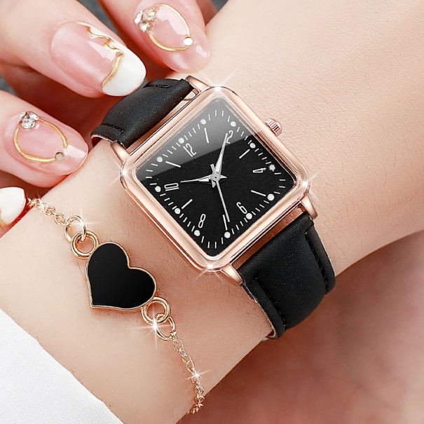 Ensemble de montres pour femmes mode avec cadran carré, bracelet en cuir et bracelet cœur, ensemble de bijoux élégant, cadeau pour femmes noir