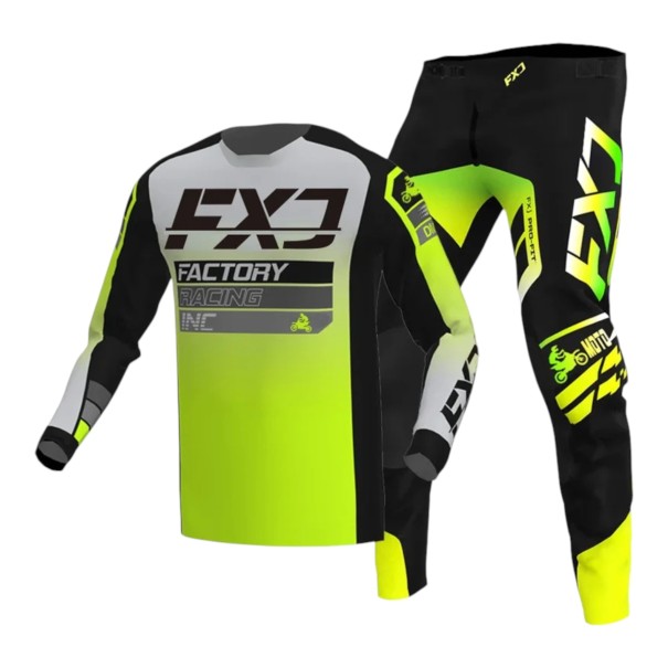 Ensemble de motocross pour enfants : maillot et pantalon unisexe à manches longues en polyester et nylon noir et jaune fluo pour motocross et tout terrain 10