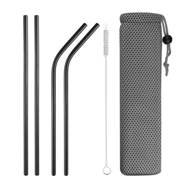 Ensemble de pailles en acier inoxydable avec étui 4 pièces noir