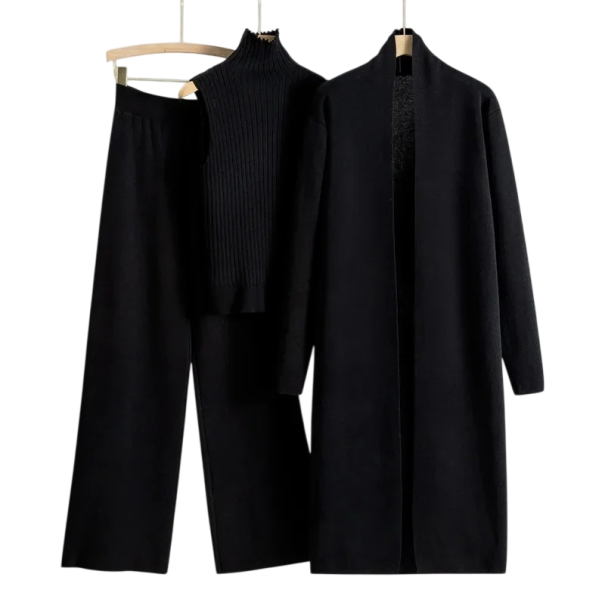 Ensemble de soirée pour femmes : pantalon, débardeur à col roulé et encolure ronde, manteau long, taille unique, uni, polyester, viscose noir