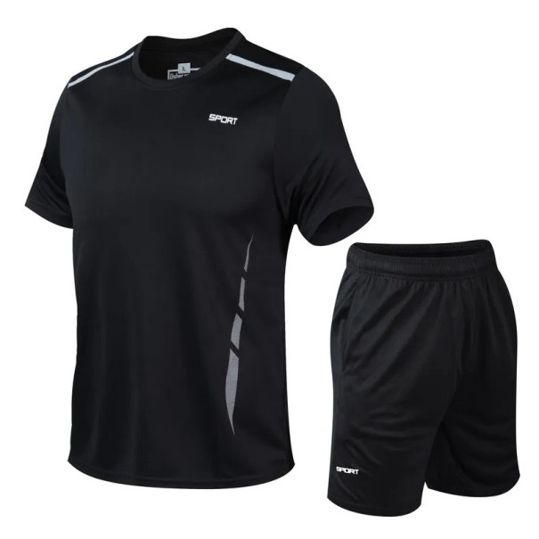 Ensemble de sport pour homme T-shirt à manches courtes Shorts Uni Polyester Fitness course entraînement loisirs noir L