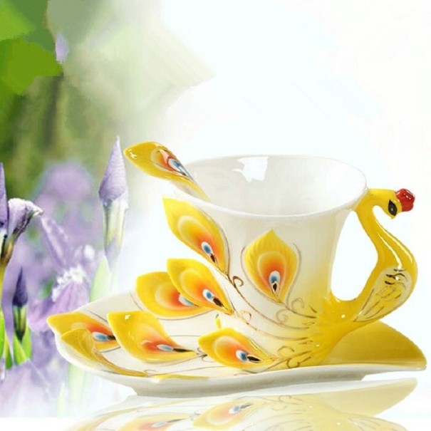 Ensemble de thé paon 3 pièces jaune