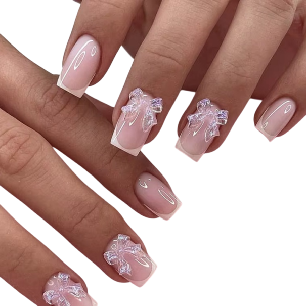 Ensemble décoratif de 24 pièces d'ongles carrés avec manucure française et nœuds Colle Lime Conseils élégants pour un usage domestique et en salon 1