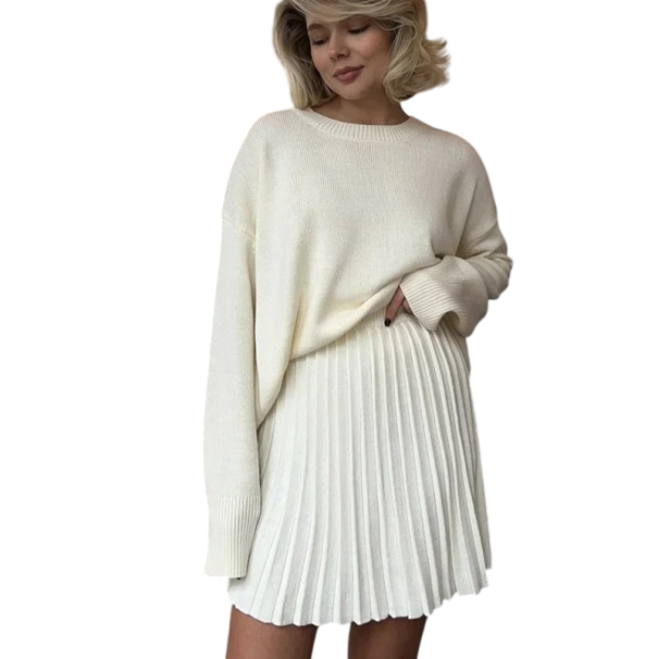 Ensemble féminin en tricot avec pull et jupe Coupe oversized avec décolleté rond Manches longues Tricot côtelé Jupe plissée Temps libre blanc M
