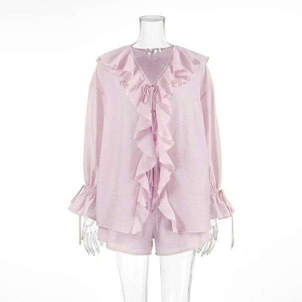 Ensemble féminin haut et short Haut à volants et manches longues Cordon de serrage à la taille Polyester Ensemble d'été à deux pièces rose M