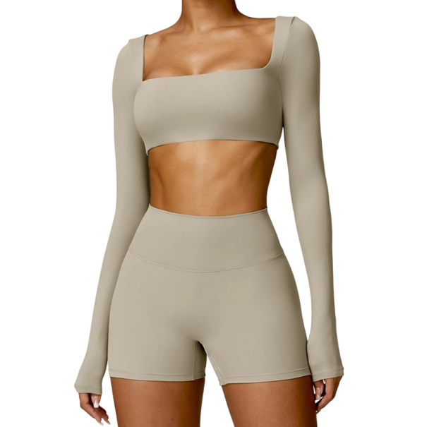 Ensemble Femme Short et Crop Top à Manches Longues, Uni, Spandex, Nylon gris XS